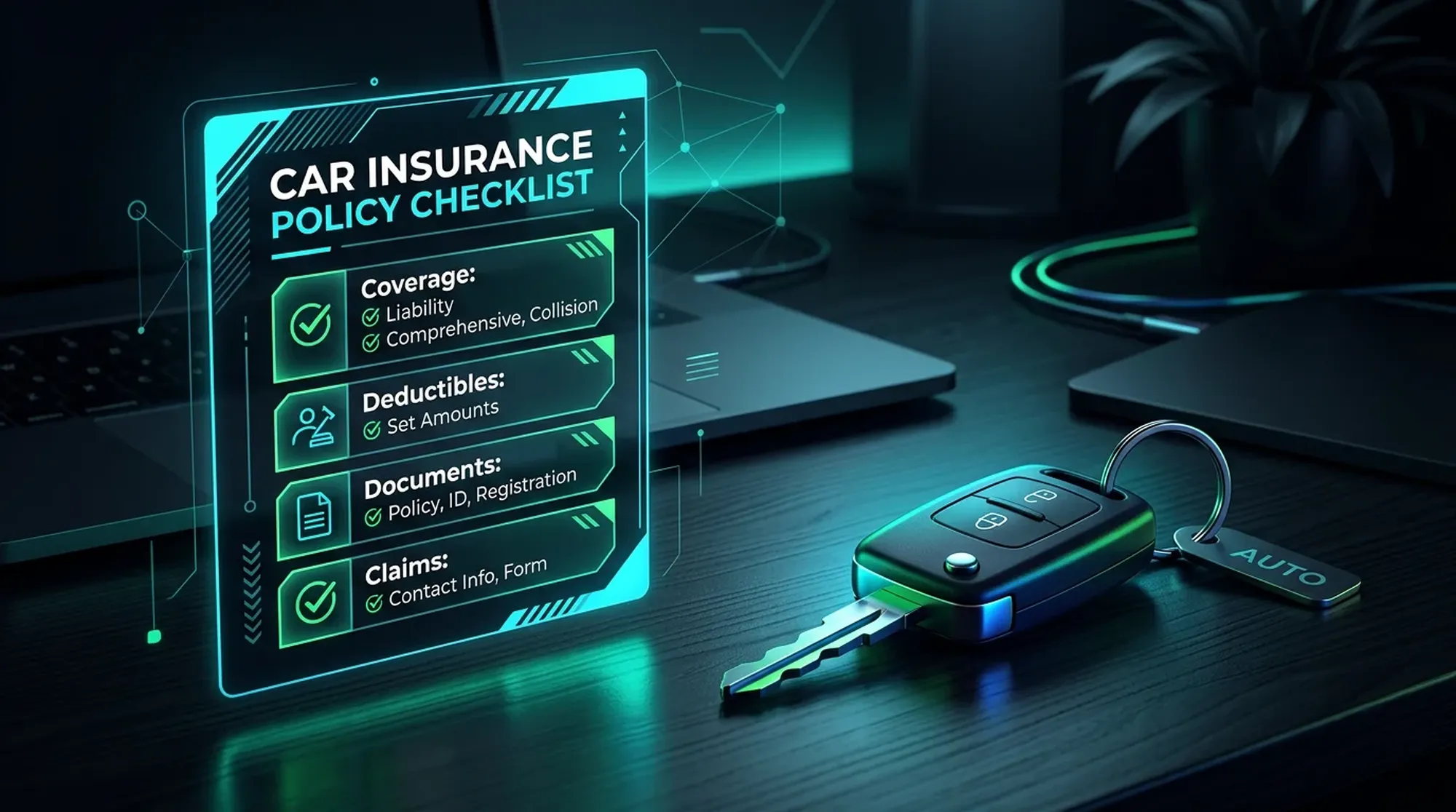 Schemat struktury polisy ubezpieczenia pojazdu na ciemnym tle